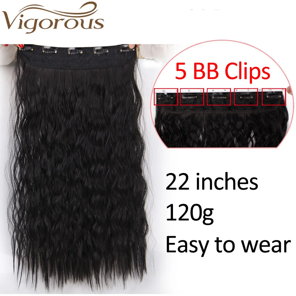 Vigorous Synthetic Clip In Hair Extensions 22 Inch Water Wave Natural Hair Black for Women Hairpieces
