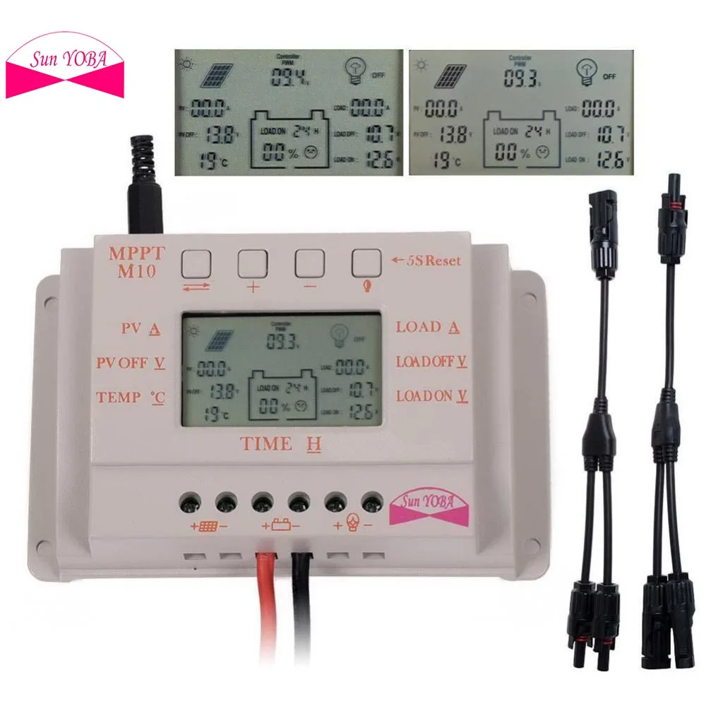 

LCD 10A PWM Solar Panel Battery Regulator Charger Controller 12V/24V + 1 Pair Y Type MC4 Solar Panel Male Female Cable
