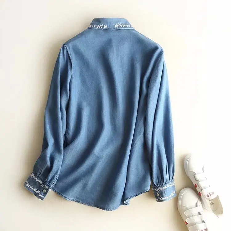 New Womens Blouse Vintage Denim Long Sleeve Single Breasted Shirt Embroidery Tops