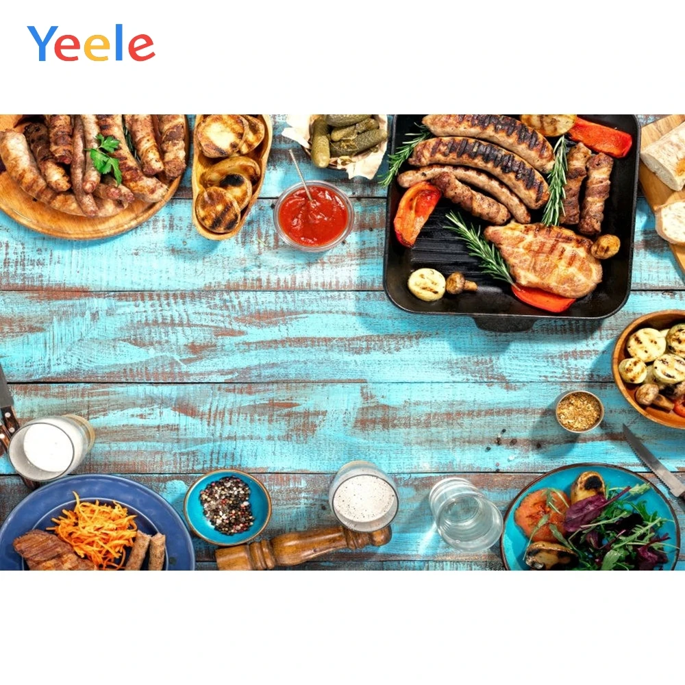 

Yeele Delicious Food Steak Barbecue Blue Planks Wooden Board Photography Backgrounds Photographic Backdrops For Photo Studio