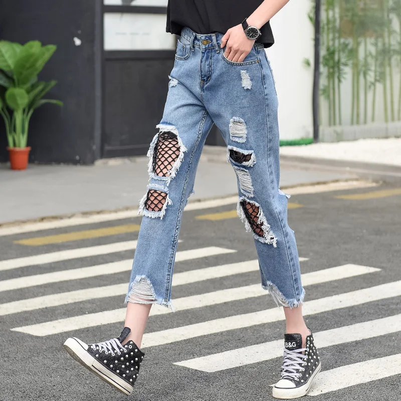 Full Sizes XXS 7XL Womens Retro Ripped Jeans Patchworked Mesh Plus Size Women Loose Casual