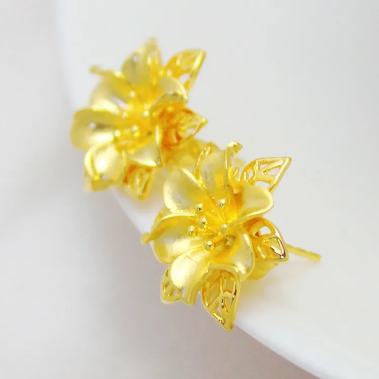 Luxury Golden Flower Stud Earrings Women Solid 24k Real Yellow Gold