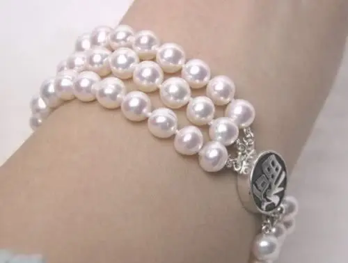

beautiful 3 rows AAA 8-9MM white Fw pearl bracelets 7.5-8 " Soild Silver New@^Noble style Natural Fine jewe SHIPPING new >>free
