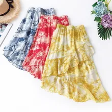 Летняя плиссированная миди Асимметричная пляжная юбка сексуальные юбки с оборками для женщин цветочный шифон Женский длиной до колен Цветок