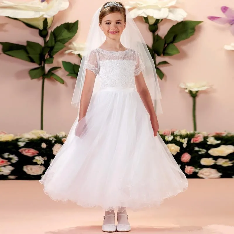 2016 New White Lace First Communion Dress Sheer Tea Length Short