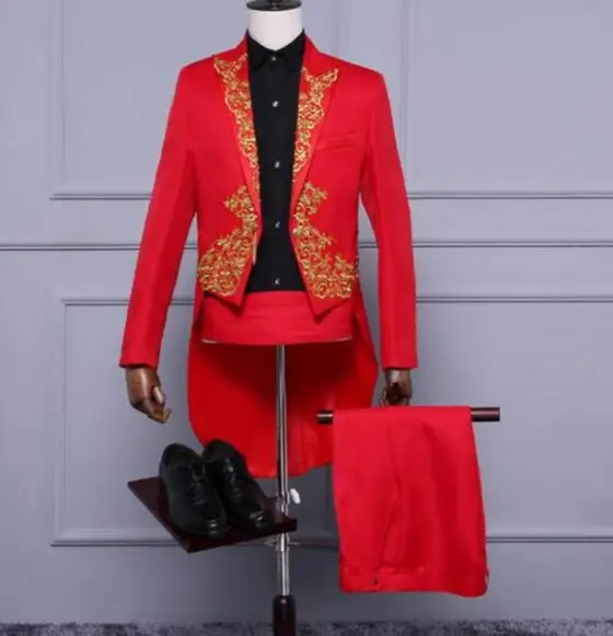 Куртка+ брюки), мужской костюм, вышитый смокинг, фрак, Блейзер, набор, певица, командные костюмы, маг, ведущий, тонкая одежда для сцены - Цвет: red