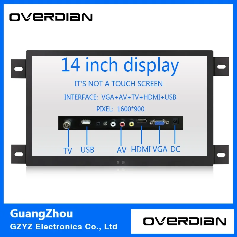 

14"VGA/HDMI/TV/AV/USB Interface Industrial Lcd Monitor Black Non-Touch Screen Metal Shell 1600*900 Hanger Fixed
