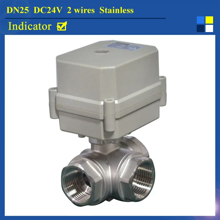 

24VDC Motorized Ball Valve With Indicator Stainless Steel 1" (DN25) 3-Way T Port 2 Control Wires BSP/NPT Thread