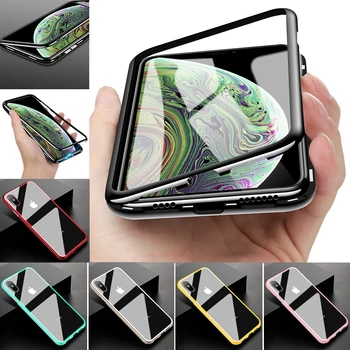 

Magnetic Adsorption Flip Case for iPhone XR XS Max Tempered Glass Hard PC Cover Shell Fantastic Transparent Plating PC