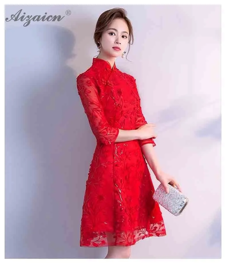 Moda novia corto Cheongsam модерано rojo mujeres boda chino, vestido Qipao estilo Восточное мини vestidos de algodón Qi Pao