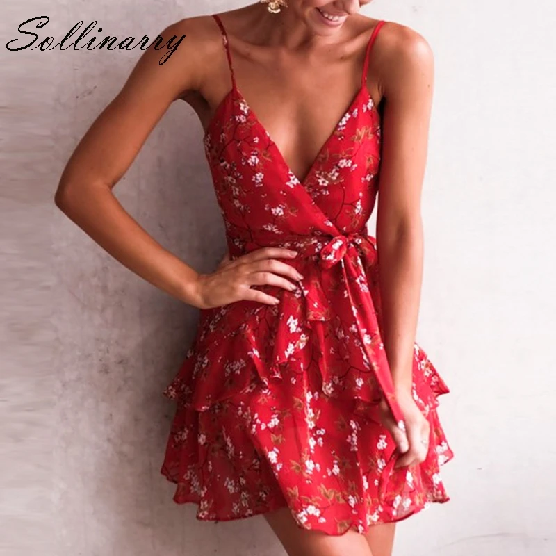 

Sollinarry Red Floral Short Dress Women 2019 Autumn Strap V Neck Backless Sexy Dress Female Holiday Chiffon Winter Dress Vestido