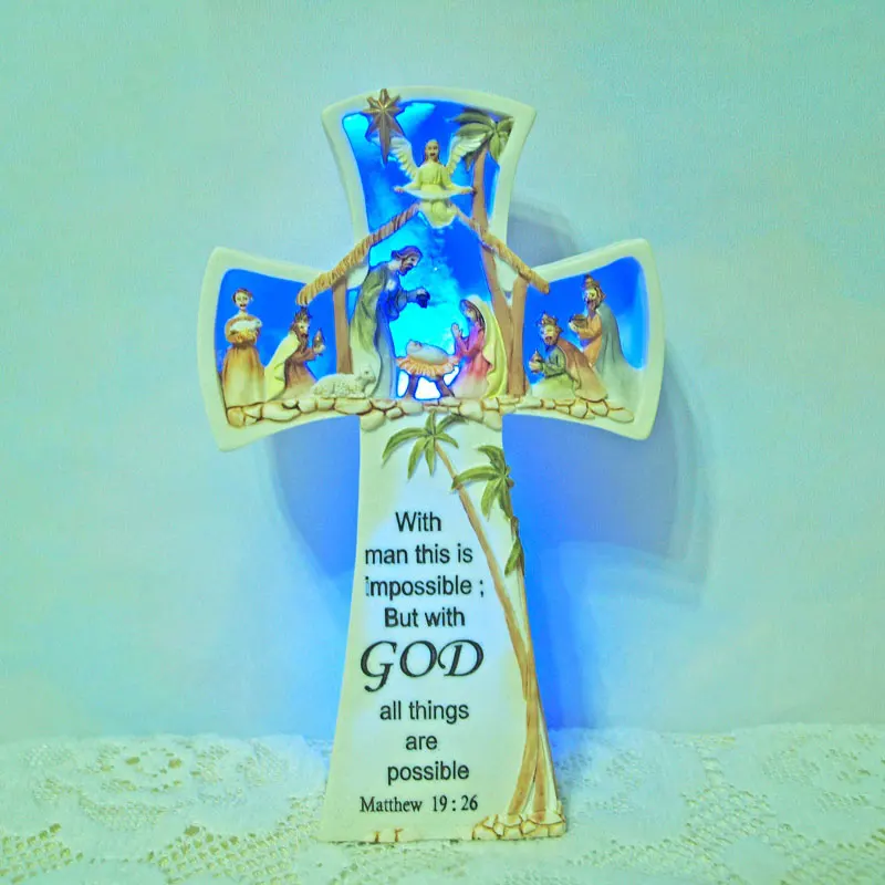 

10*16cm LED Light Resin Cross Christmas Nativity Scene Figurine Chris Statue Crafts Ornament Jesus Gifts For Home