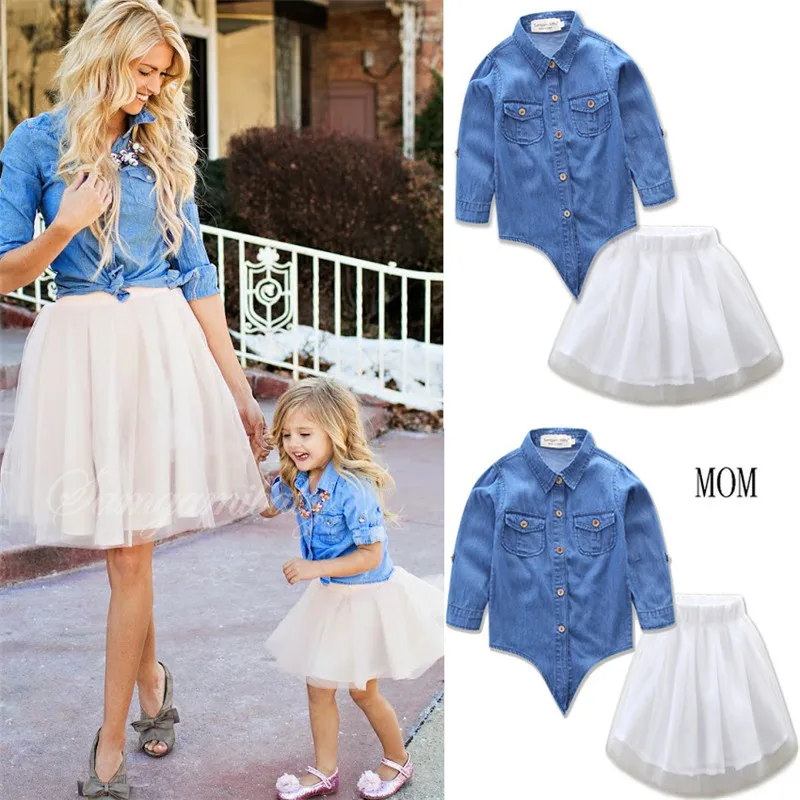 

2~6Y Girls Summer Denim Short Jeans Suspend Shirt Set Mom Daughter Macthing Clothes Girl Clothing Set Outfit Fashion