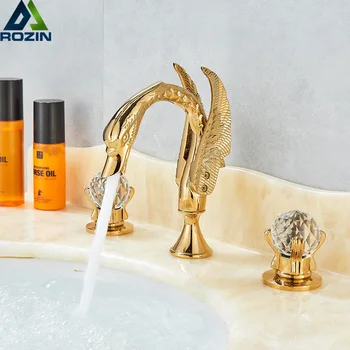 

Golden Basin Faucet Swan Shpe Dual Crystal Handle Bath Tub Mixer Tap Deck Mounted Chrome Cold and Hot Water Faucet