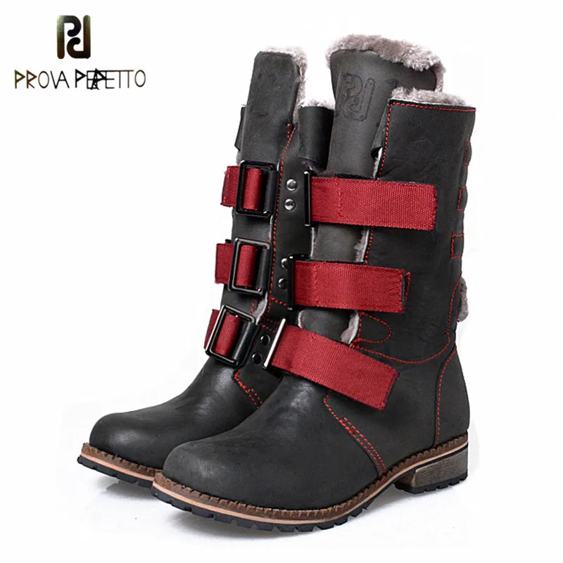 

Prova Perfetto New Arrival Winter Warm Genuine Leather Boots With 100% Real Wool Fur Buckle Strap Low Heel Shearling Snow Boots