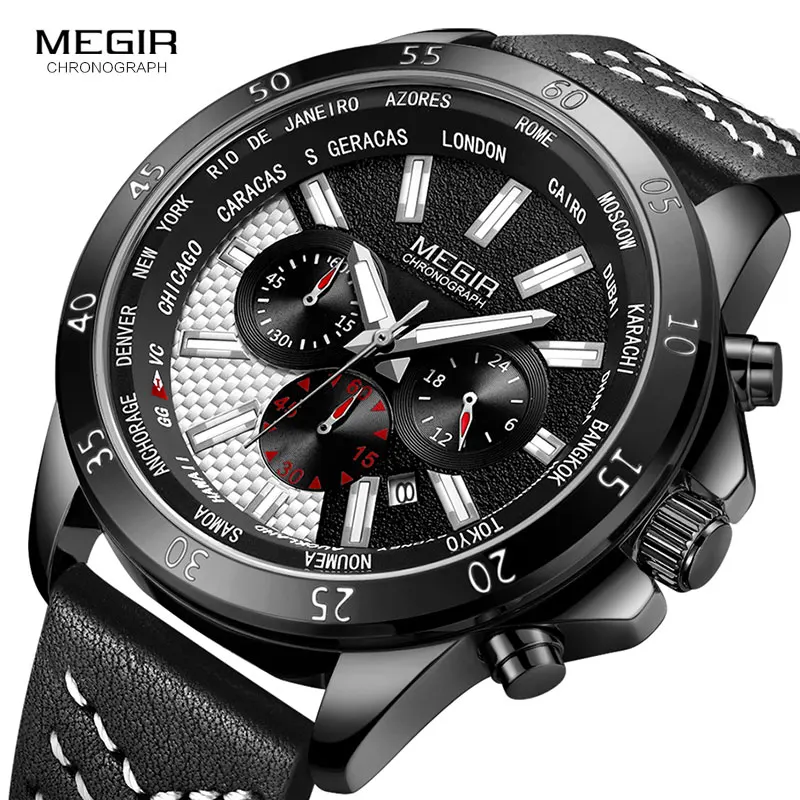 

MEGIR Men's Chronograph Quartz Sports Watches Leather Band Army Waterproof Luminous Wristwatch Man Relogios Masculino 2103 Black
