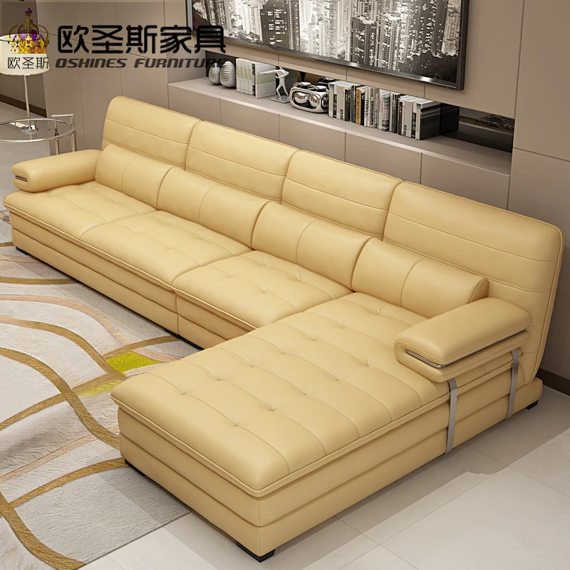 yellow leather sectional sofa set, metal frame leather sofa,italian leather l shape sofa OCS-602