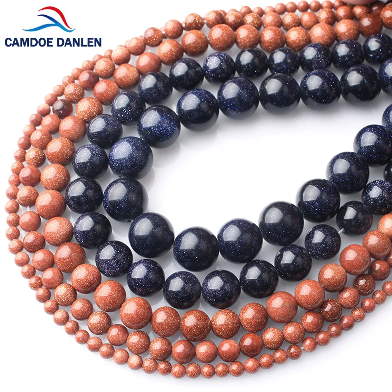 

CAMDOE DANLEN Natural Gem Stone Bead Gold Blue Sand Stone 4 6 8 10 12mm Round Loose Beads Ball Fit Diy for Charms Jewelry Making