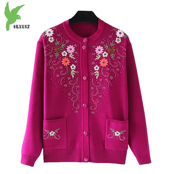 

Knit Cardigan Jacket Womens 2018 Spring Autumn Plus size Sweater Coat Embroidery Middle aged Female Knit Casual Tops OKXGNZ 1903