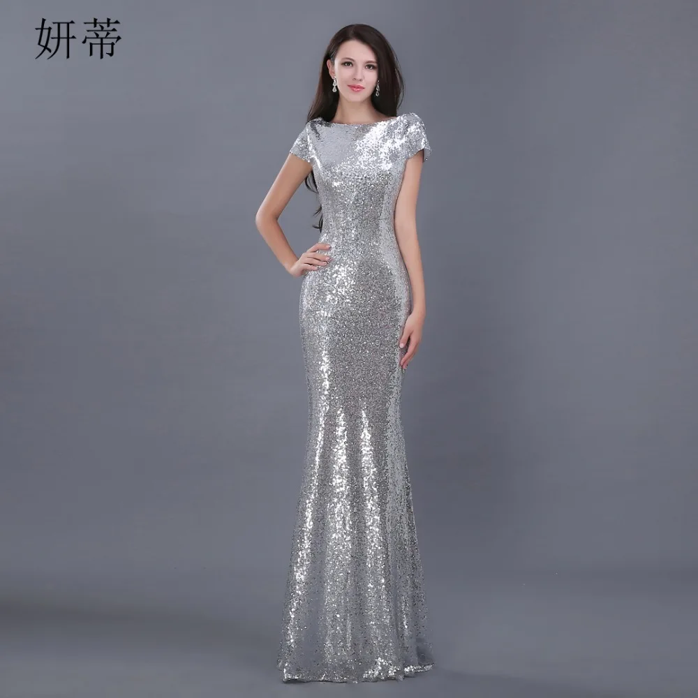 

Simple Sparkling Glitter Silver Sequin Evening Party Dress Deep V Backless Short Cap Sleeve Mermaid Prom Gown 2019 Long