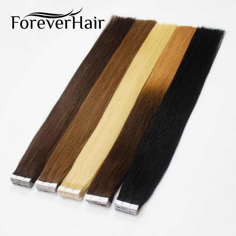 FOREVER HAIR Tape In человеческие волосы для наращивания 14, 16, 18, 20 искусственные волосы одинаковой направленности волос на Клейкой Ленте ПУ кожи Weft невидимые 20 шт