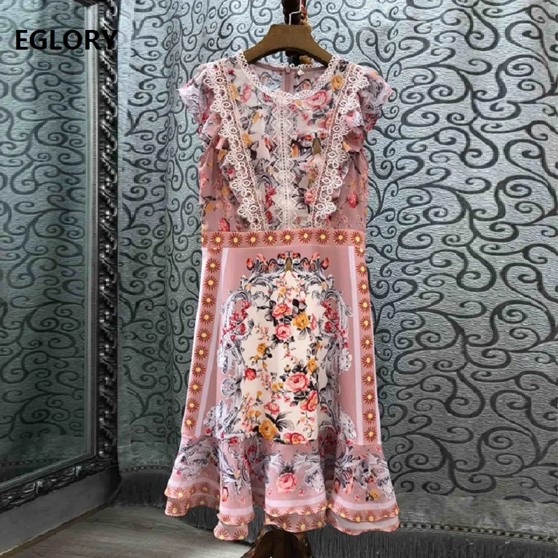 

High Quality Runway Dress 2019 Summer Fashion Women Exquisite Flower Print Lace Patchwork Short Sleeve Party Pink Dress Lolita