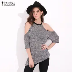 ZANZEA Для женщин 2019 летние рубашки Sexy с плеча Повседневная Свободная футболка Топы с короткими рукавами Асимметричная плюс Размеры Blusas S-5XL