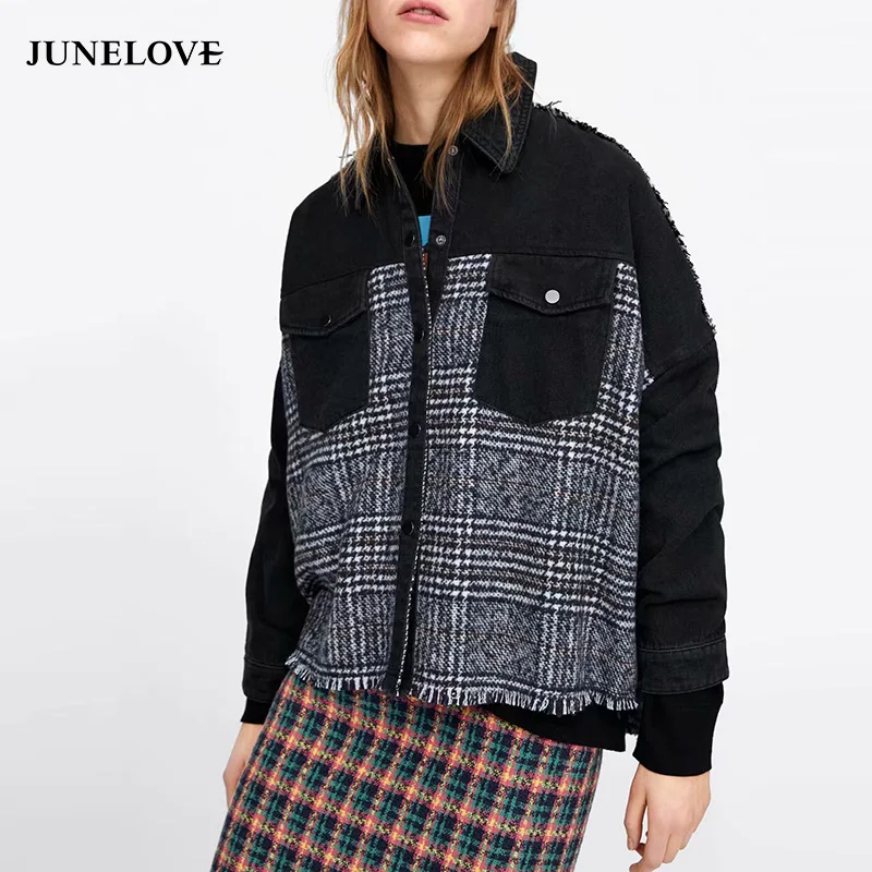 Женские джинсовые куртки JuneLove винтажные свободные с длинным рукавом в стиле