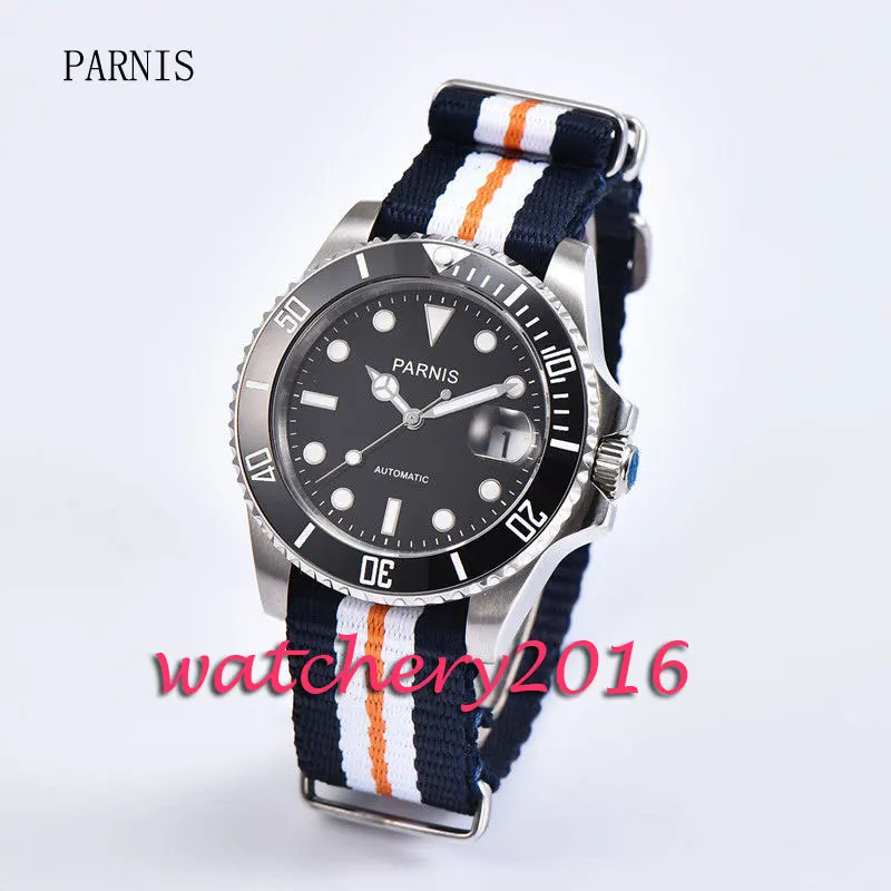 Fashion 40mm Parnis black dial white numbers luminous markers sapphire glass miyota Automatic movement Men s
