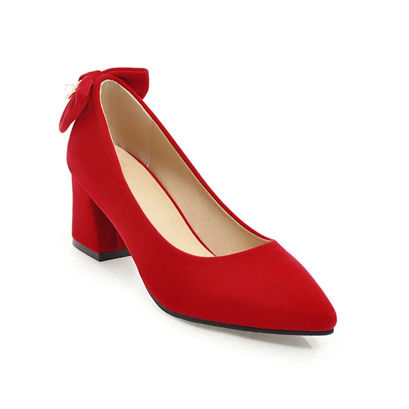 

2018 Spring Autumn New Style Shoes Woman Cusp High-Heeled Shoes Bride Solid Color Bowknot Simple Square Heel High 6CM
