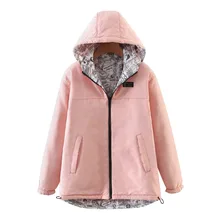 Красивая Осенняя Женская куртка с карманами на молнии и капюшоном, однотонная Двусторонняя одежда, пальто, модная женская верхняя одежда с принтом из мультфильма, плотные теплые пальто