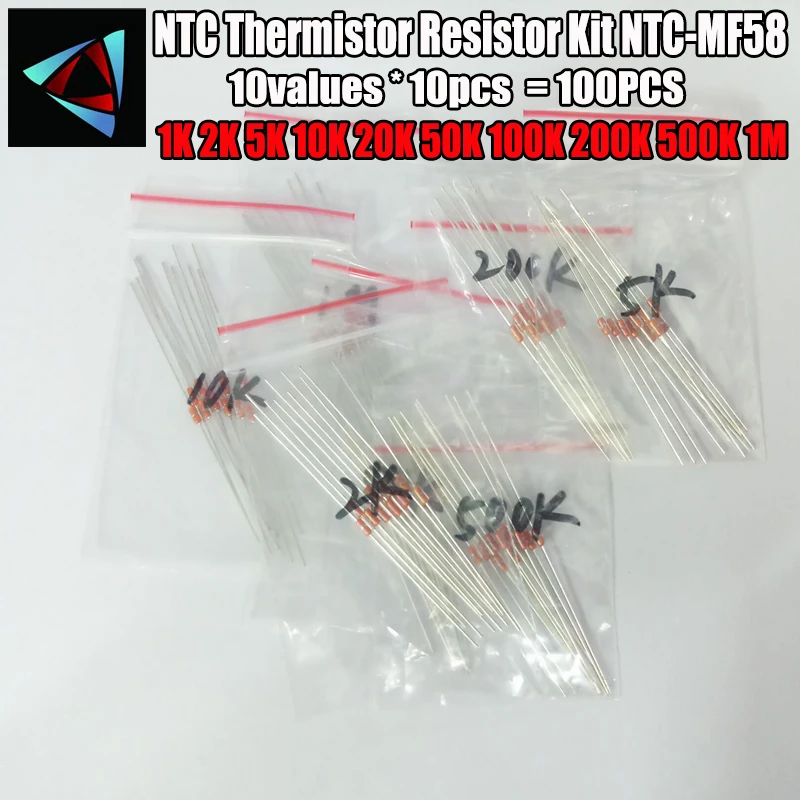 

100PCS/LOT MF58 NTC Thermistor Resistor Kit NTC-MF58 1K 2K 5K 10K 20K 50K 100K 200K 500K 1M +/-5% 3950 3950B 10value*10pcs