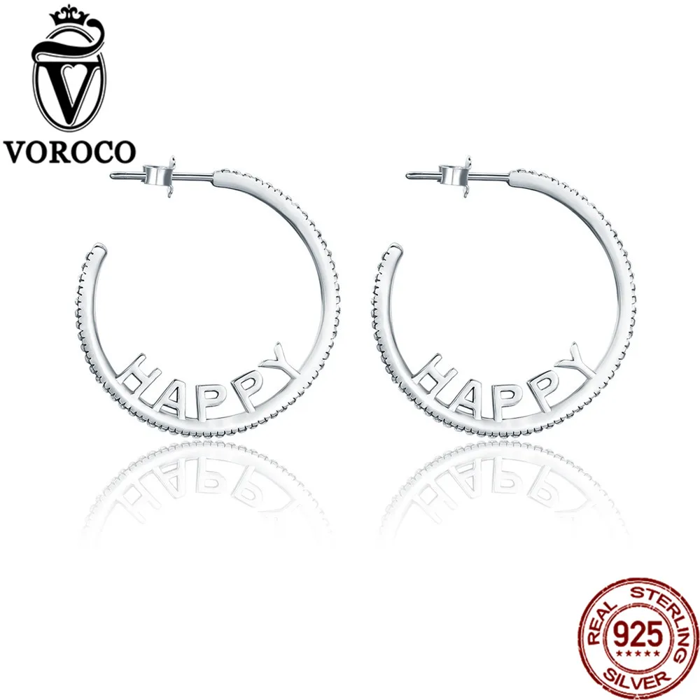 

VOROCO 2017 Authentic 925 Sterling Silver Unique Happy Letters Large Big Hoop Earrings for Women Party Fine Jewelry VSE087
