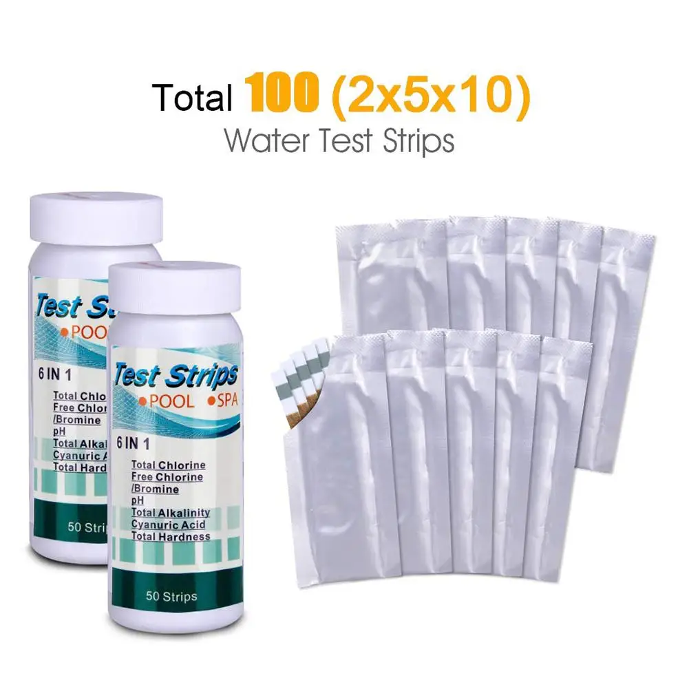 104PCS 6 In1 Swimming Pool PH Test Paper Residual Chlorine Value Alkalinity Hardness Test Strip PH Tester Pool Cleaner Access