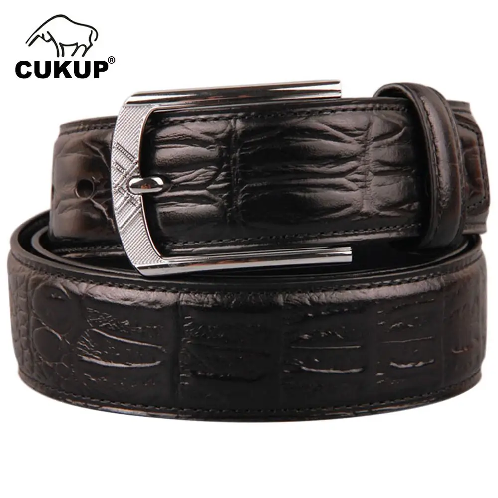 CUKUP Top Quality Crocodile Pattern Cow Skin Leather Belts Zinc Alloy Pin Buckle Metal Belt Men Accessories Three Colours NCK361