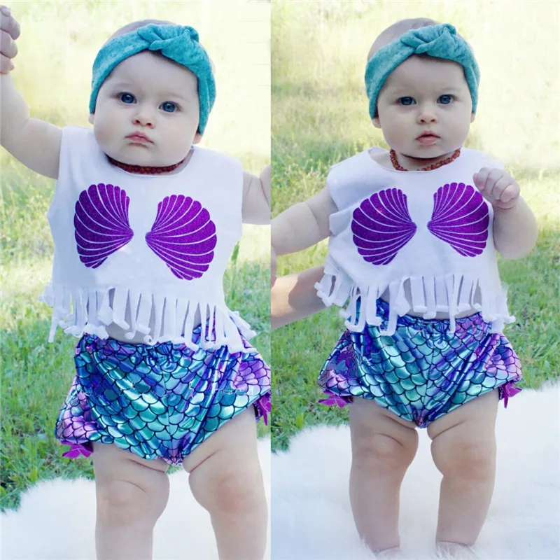 

Fashion Toddlers Clothes Set Girl Summer Kids Clothing Mermaid Suits Tassel Print Vest Tops Loose Shorts Sets