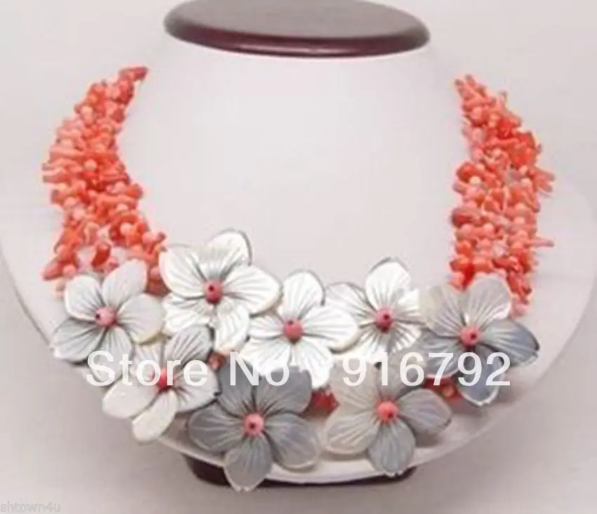 

4row pink coral flower shell necklace