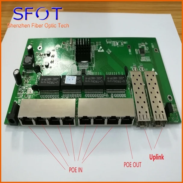 

10pcs/lot, 2 Ports SFP+8 Ports RJ45 POE reverse Switch board, not manageable, 1~7 ports POE IN and port 8 POE OUT