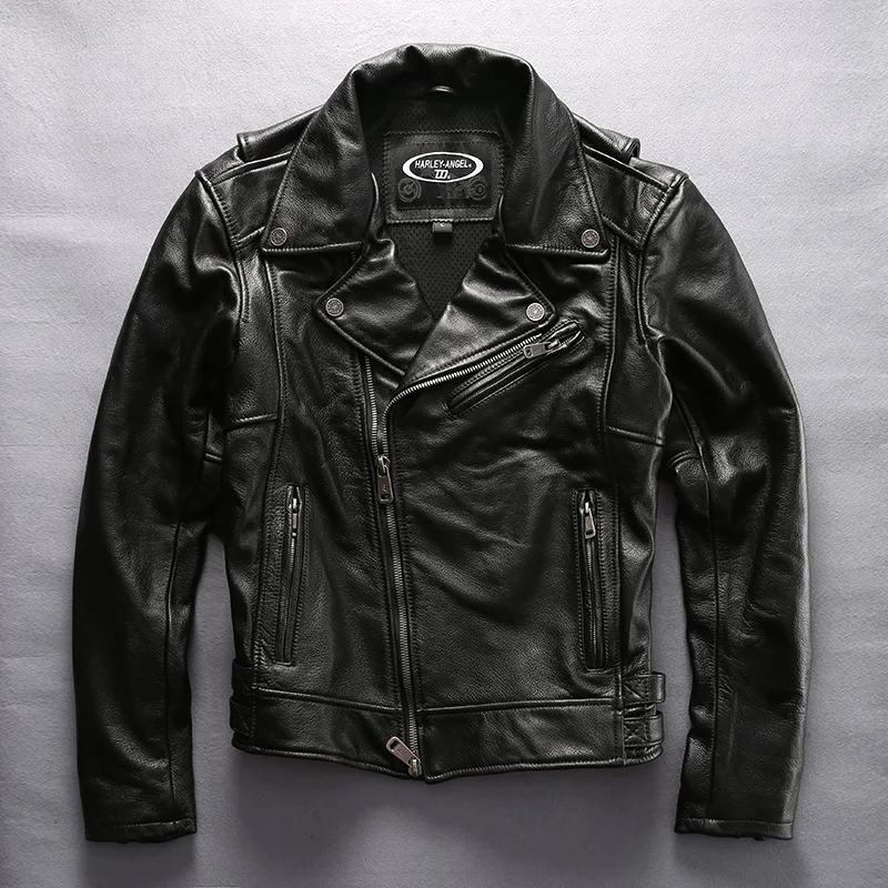 Мужская мотоциклетная кожаная куртка с рисунком поросенка, модная брендовая мужская мотоциклетная куртка, Мужская куртка из натуральной кожи с отворотом