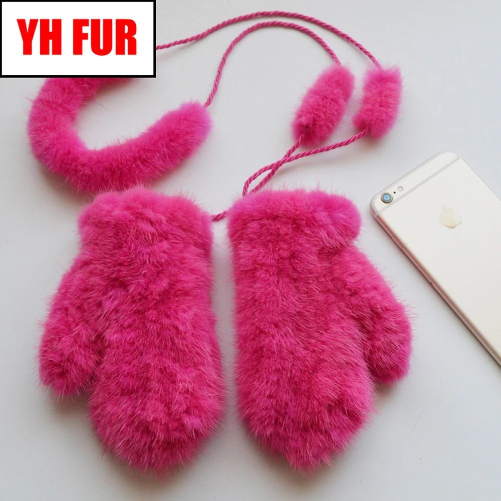 

Brand Child Real Fur Gloves Winter Warm 100% Real Natural Mink Fur Glove Cute Luxurious Knit Mink Fur Mitten Best Gift For Kids