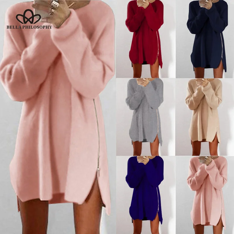 Wonder 2019 new spring  O Neck Casual Side Zipper Irregular Hem Women Sweater Loose Pullover  Long Sleeve Sweater Dress S-4XL