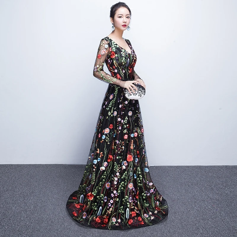 2018 New Design embroidery Evening Dresses long high quality Charming A-line Lace full Sleeves Prom Party Gown robe de soiree 2018 New Design embroidery Evening Dresses long high quality Charming A-line Lace full Sleeves Prom Party Gown robe de soiree