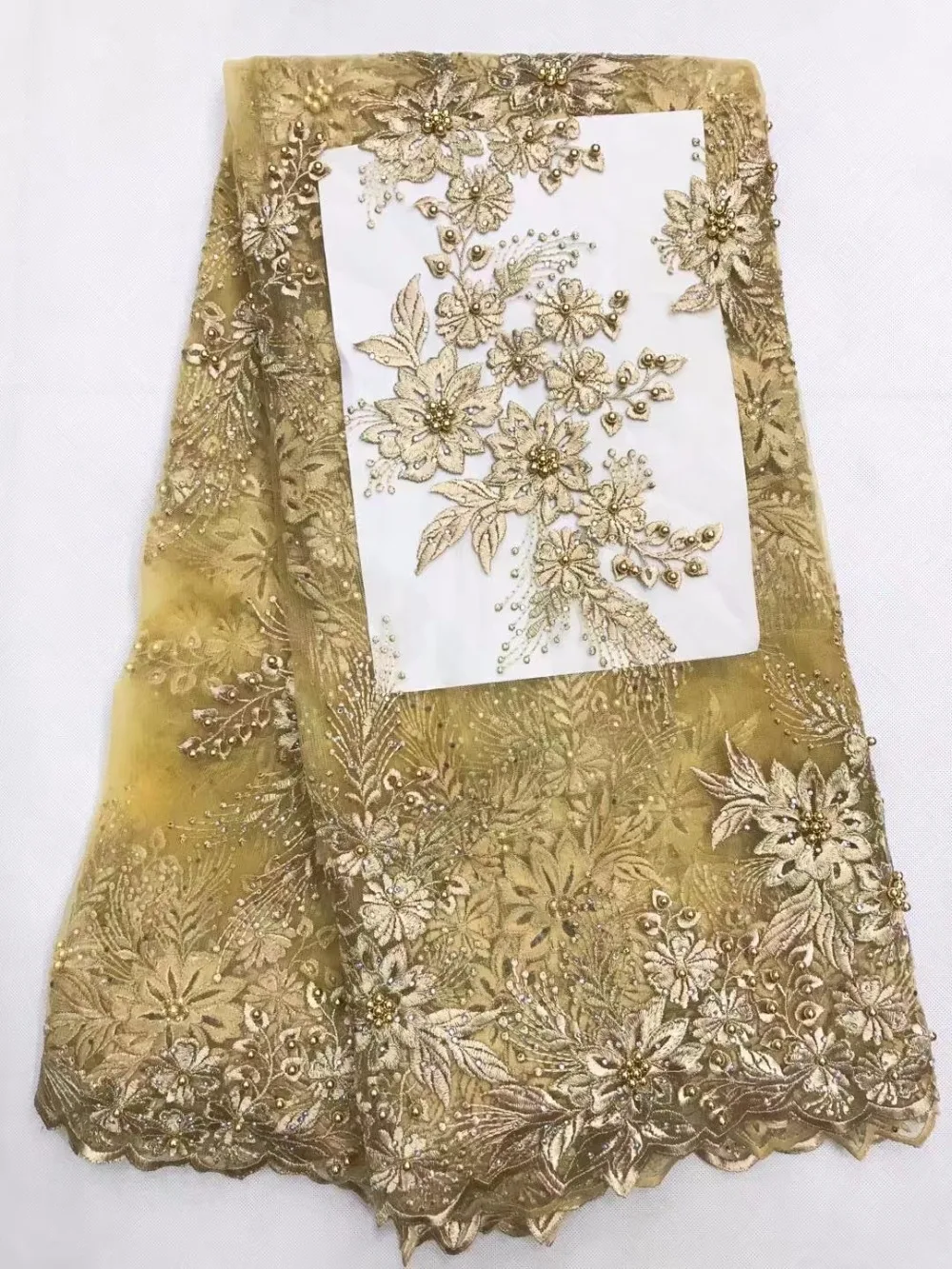 Yellow Gold Allover Appliques beaded french lace fabric African sewing