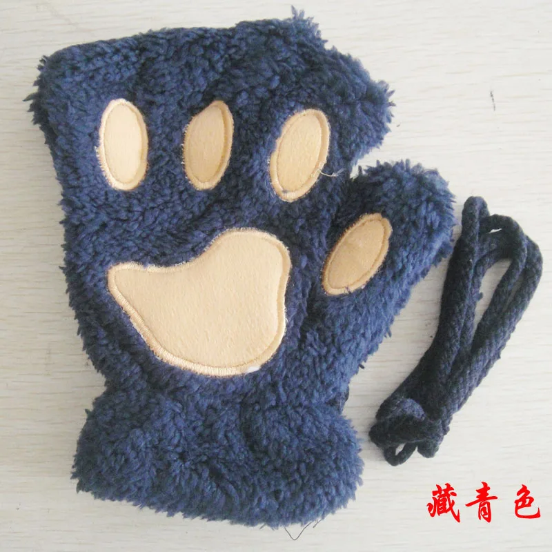 Winter cute cartoon cat girl mitt thickening fluff bear paw half finger gloves G22