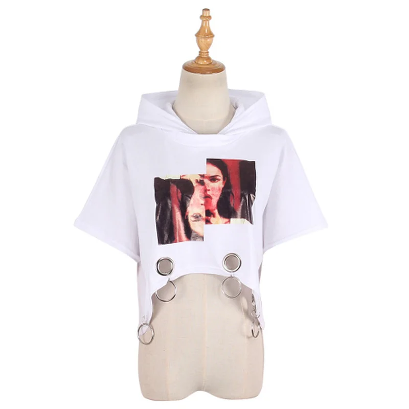 Lychee Girls Harajuku Ring выдалбливают характер печати с капюшоном Футболка короткий рукав