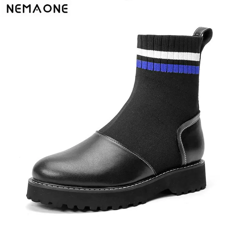 

NEMAONE Genuine leather Women Ankle Boots Autumn Winter Warm Platforms low heels Round Toe Casual knitting Brand Stretch Boots