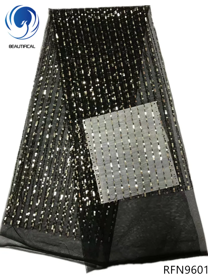 

BEAUTIFICAL sequins lace fabric african tulle lace fabrics black mesh lace fabric with gold sequins for dress 5yards/lot RFN96