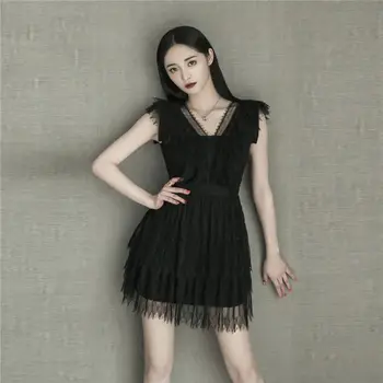 

Mini Dress Sexy Zhou Jieqiong Celebrity Backless Patchwork Lace Women V Neck Night Club Body con Party Dresses Wholesale