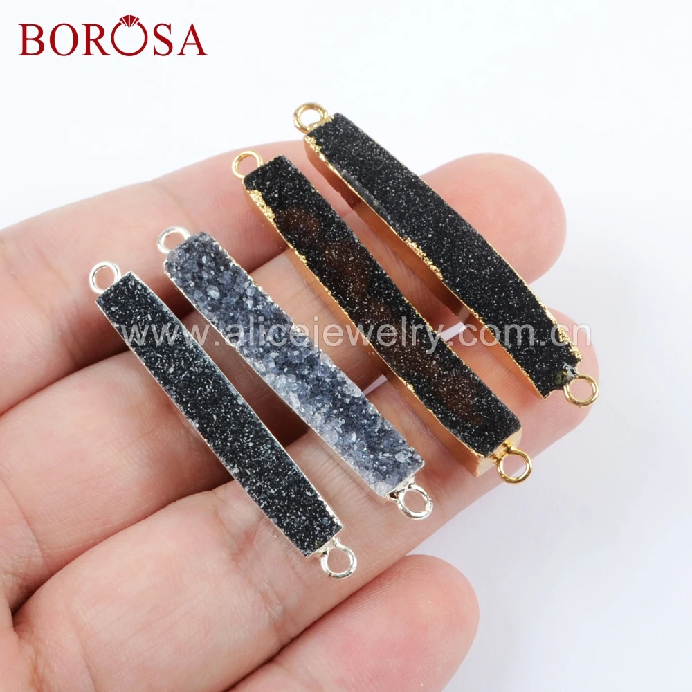 

BOROSA 5PCS Rectangle Black Agates Drusy Connectors Gold Silver Color Druzy Geode Beads for Necklace Making G1693 S1693