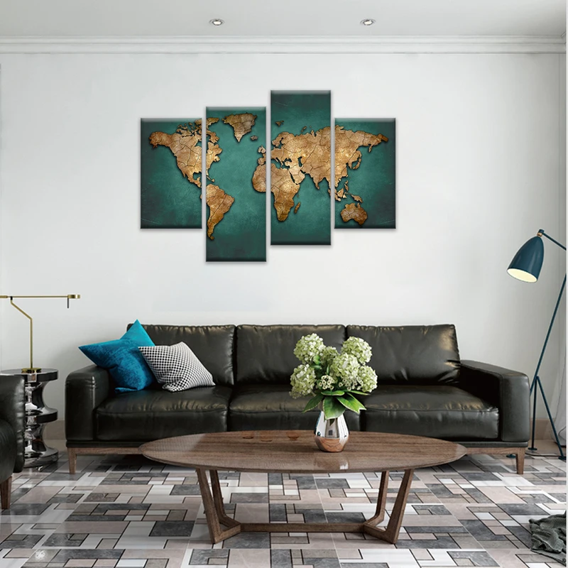 4 Pieces Abstract Globle Word Map Canvas Wall Art (8)